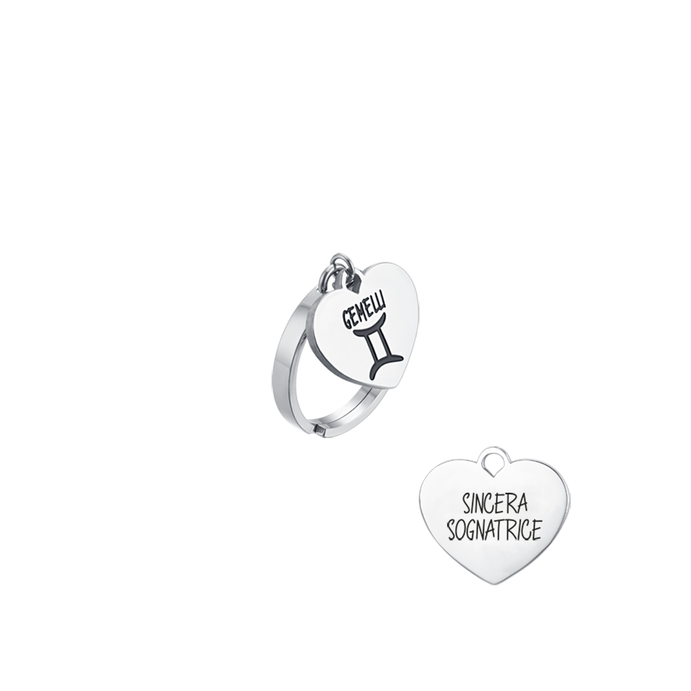 ANILLO DE ACERO SIGNO ZODIACAL GÉMINIS MUJER CON CORAZON