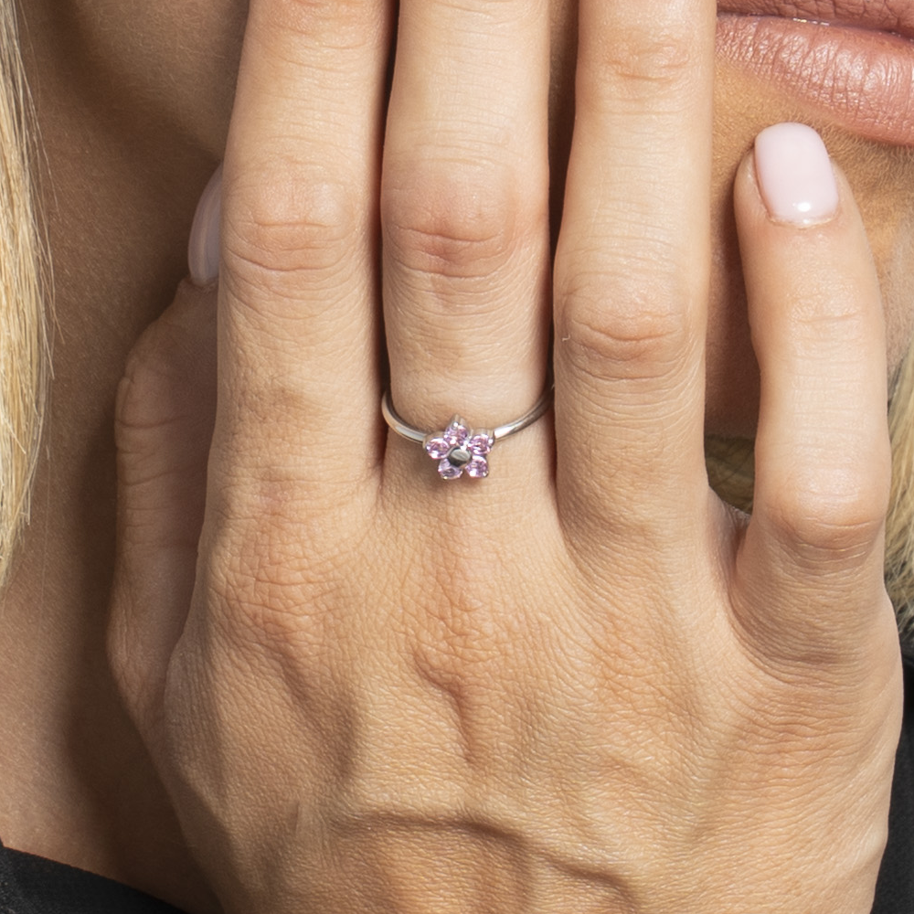 ANELLO DONNA IN ACCIAIO CON FIORE E ZIRCONI ROSA