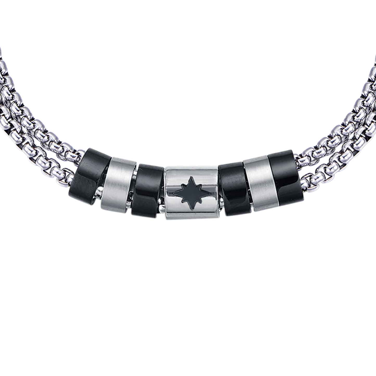 BRAZALETE DE ACERO PARA HOMBRE CON ELEMENTOS IP NEGROS Y ROSA DE LOS VIENTOS