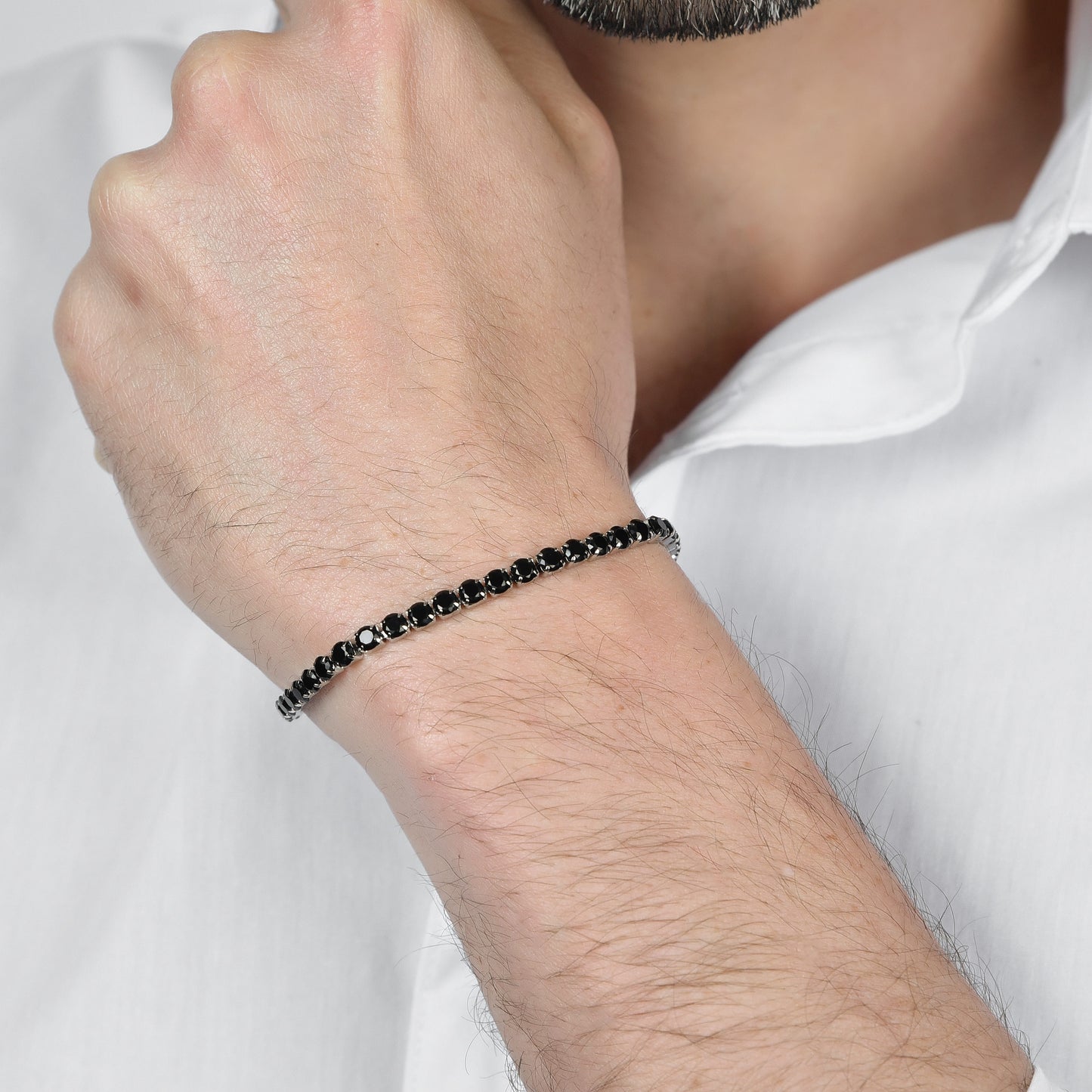 PULSERA DE TENIS DE ACERO PARA HOMBRE CON CRISTALES NEGROS