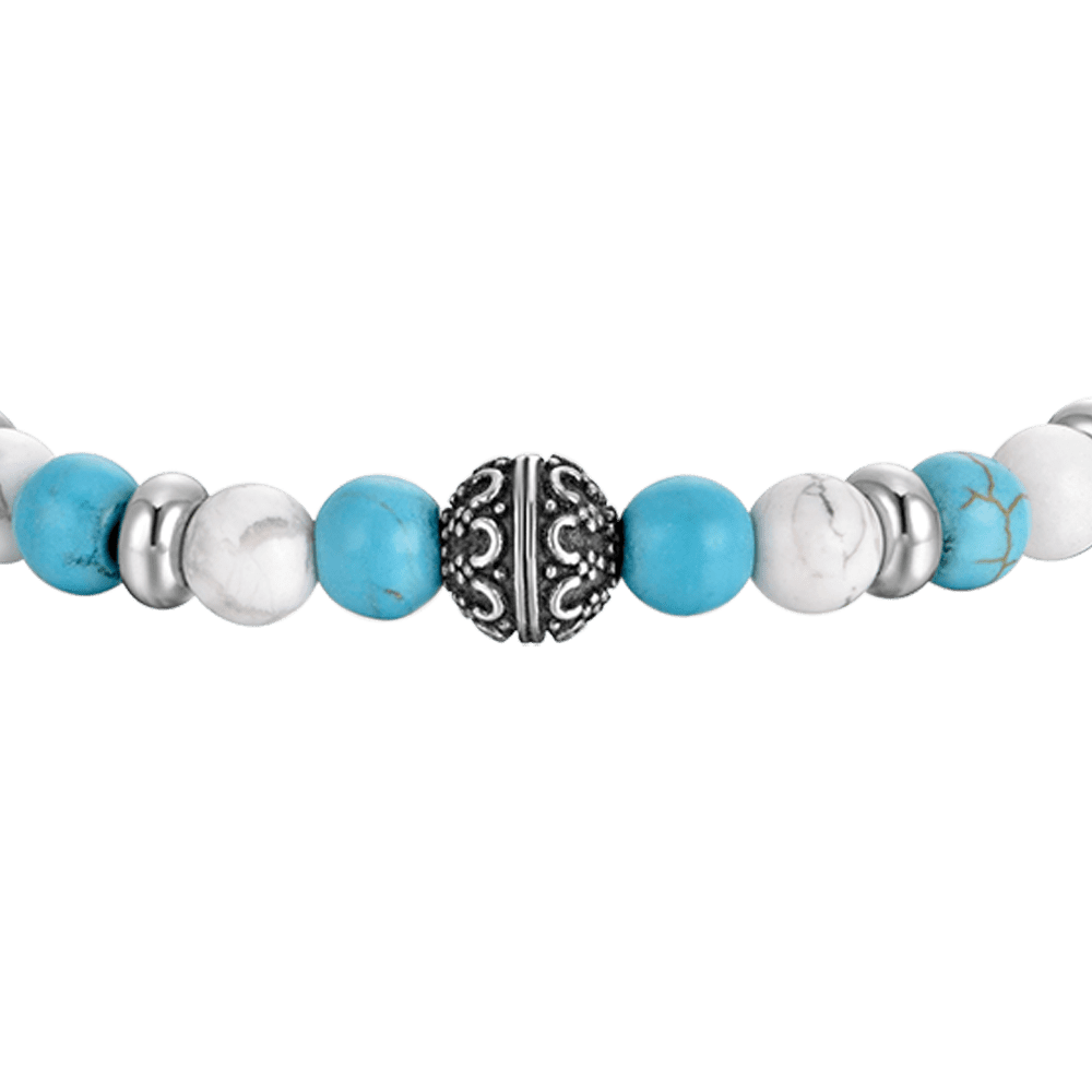 PULSERA ELÁSTICA DE CABALLERO CON PIEDRAS AZULES Y BLANCAS Y ELEMENTOS DE ACERO