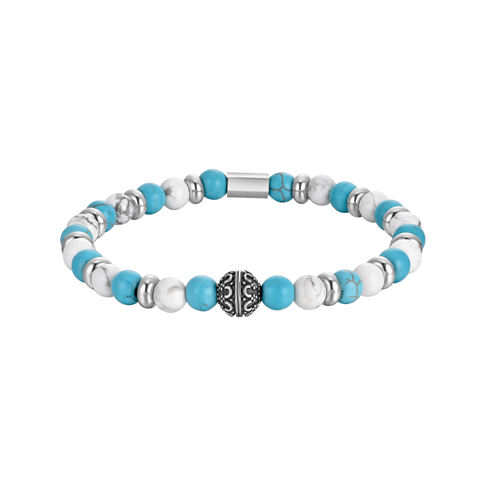 PULSERA ELÁSTICA DE CABALLERO CON PIEDRAS AZULES Y BLANCAS Y ELEMENTOS DE ACERO