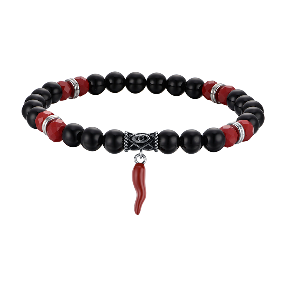 PULSERA ELÁSTICA DE HOMBRE CON PIEDRAS NEGRAS Y ROJAS Y CUERNO ROJO
