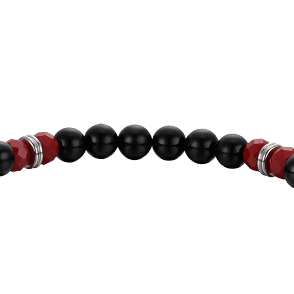 PULSERA ELÁSTICA DE HOMBRE CON PIEDRAS NEGRAS Y ROJAS Y CUERNO ROJO