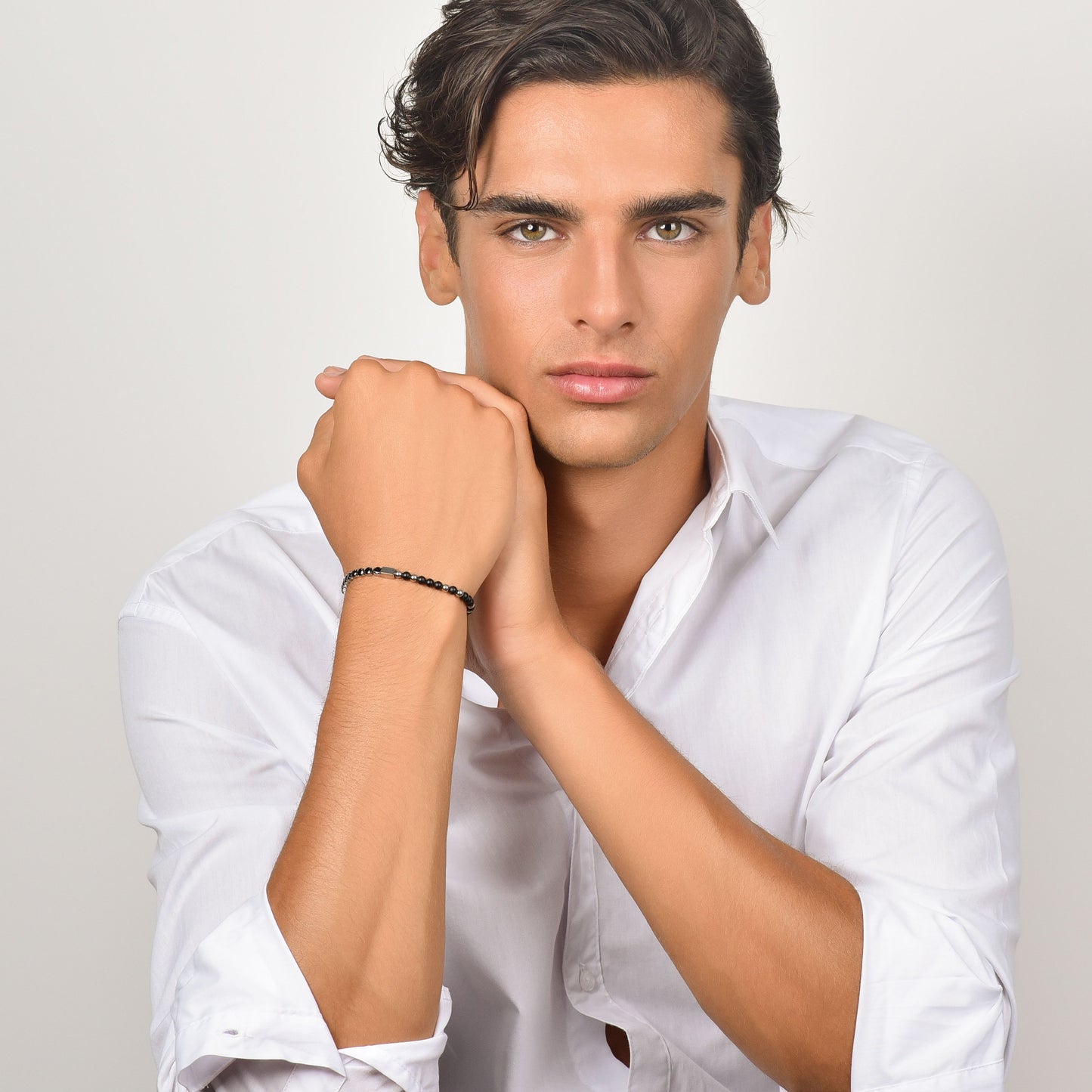 PULSERA DE ACERO PARA HOMBRE CON CRISTALES Y PIEDRAS NEGRAS