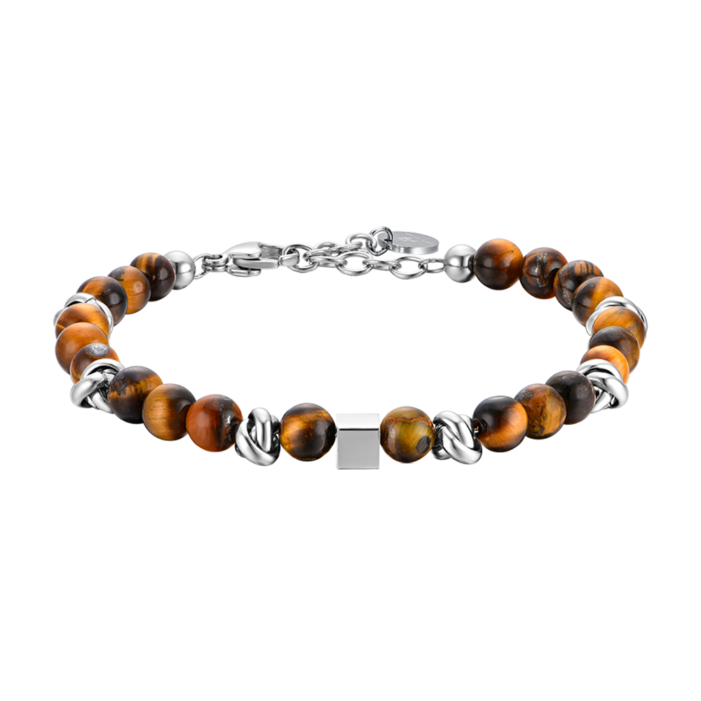 PULSERA DE ACERO PARA HOMBRE CON PIEDRAS OJO DE TIGRE Y ELEMENTOS DE ACERO