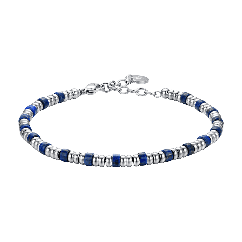PULSERA DE ACERO PARA HOMBRE CON ELEMENTOS PLATEADOS Y PIEDRAS AZULES