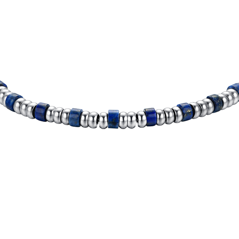 PULSERA DE ACERO PARA HOMBRE CON ELEMENTOS PLATEADOS Y PIEDRAS AZULES