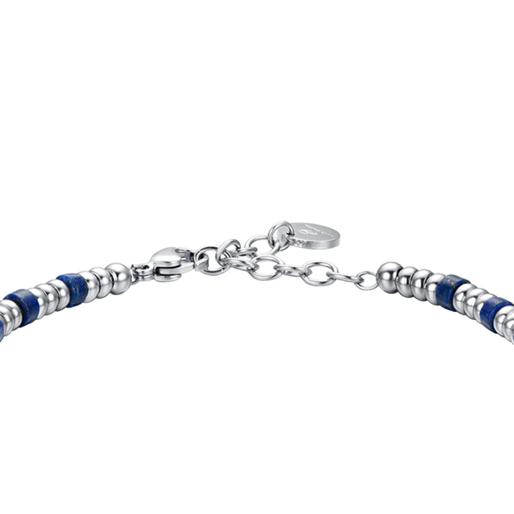 PULSERA DE ACERO PARA HOMBRE CON ELEMENTOS PLATEADOS Y PIEDRAS AZULES