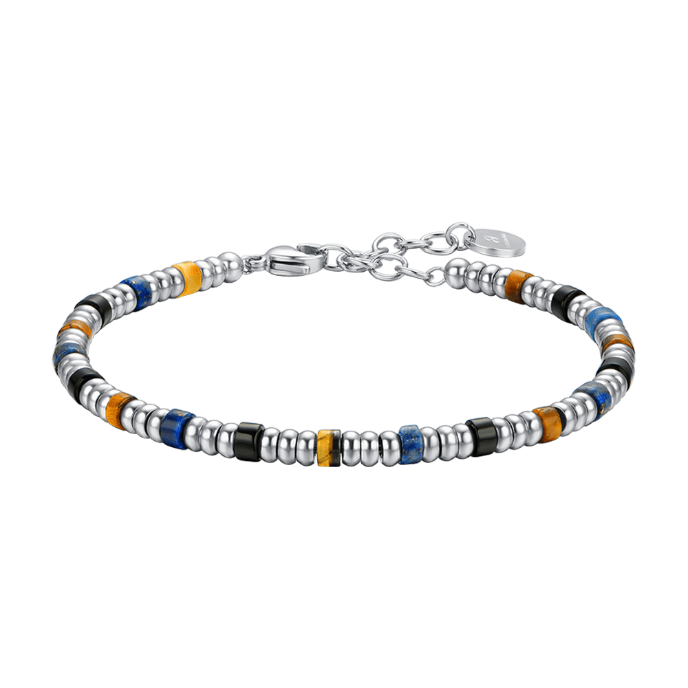 PULSERA DE ACERO PARA HOMBRE CON ELEMENTOS PLATEADOS Y PIEDRAS MULTICOLORES