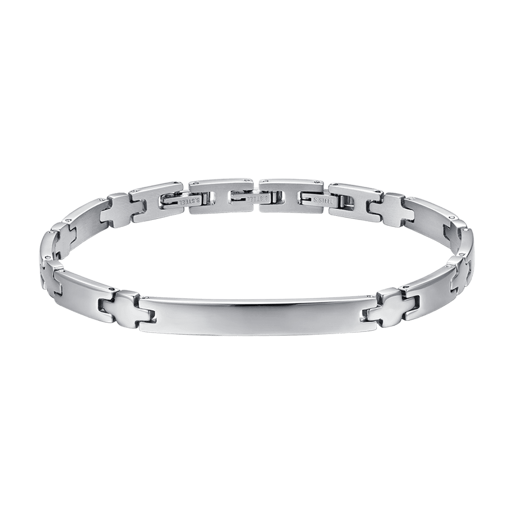 PULSERA DE ACERO PARA HOMBRE CON PLACA Y CRUCES DE PLATA