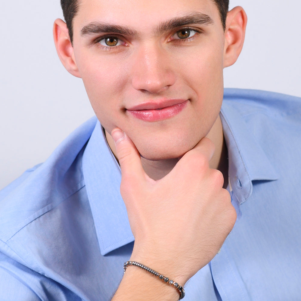 BRAZALETE DE HOMBRE DE ACERO HEMATITES PLATA Y ORO ROSA