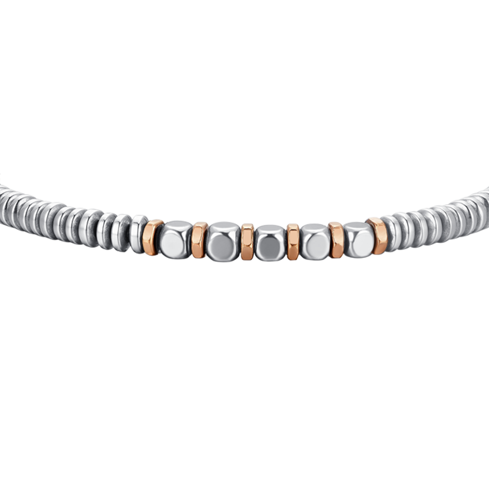 BRAZALETE DE HOMBRE DE ACERO HEMATITES PLATA Y ORO ROSA