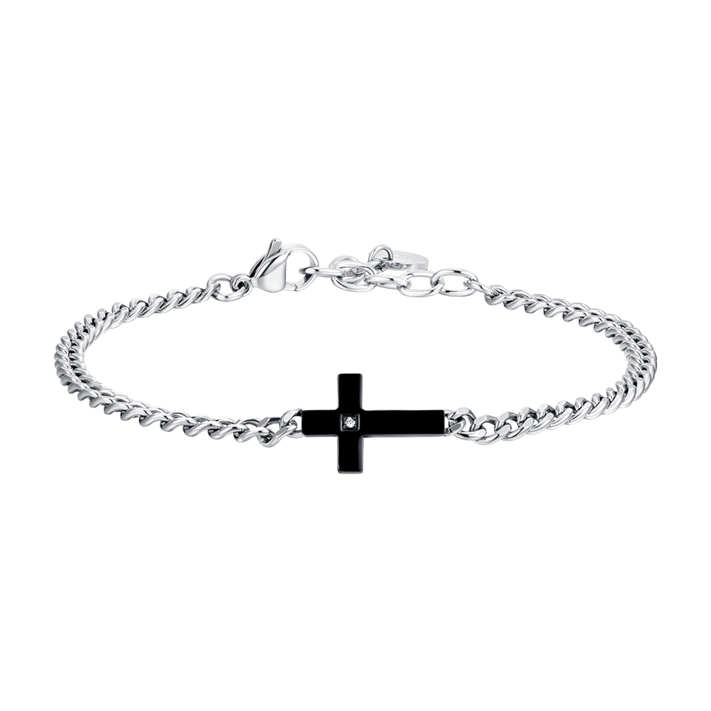 PULSERA ACERO IP CRUZ NEGRA Y CIRCONITAS BLANCAS