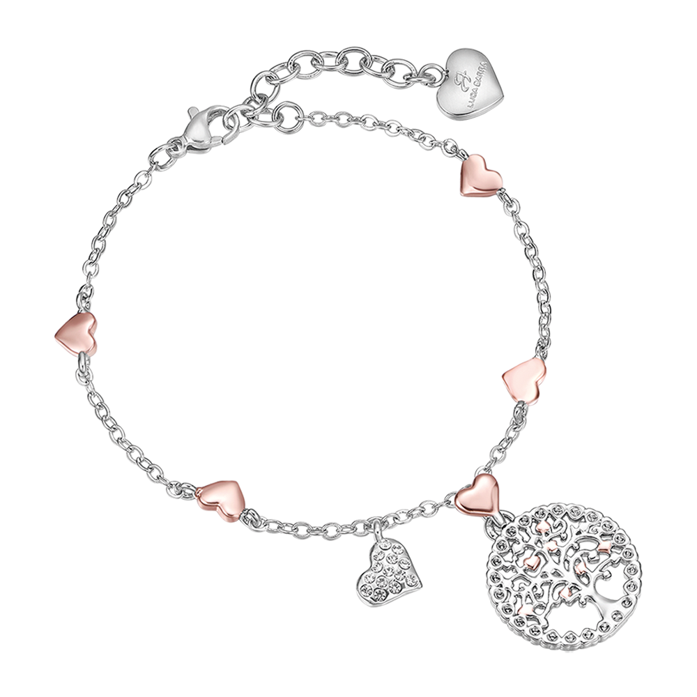 PULSERA DE ACERO ÁRBOL DE LA VIDA PARA MUJER CON COLGANTE IP Y CORAZONES