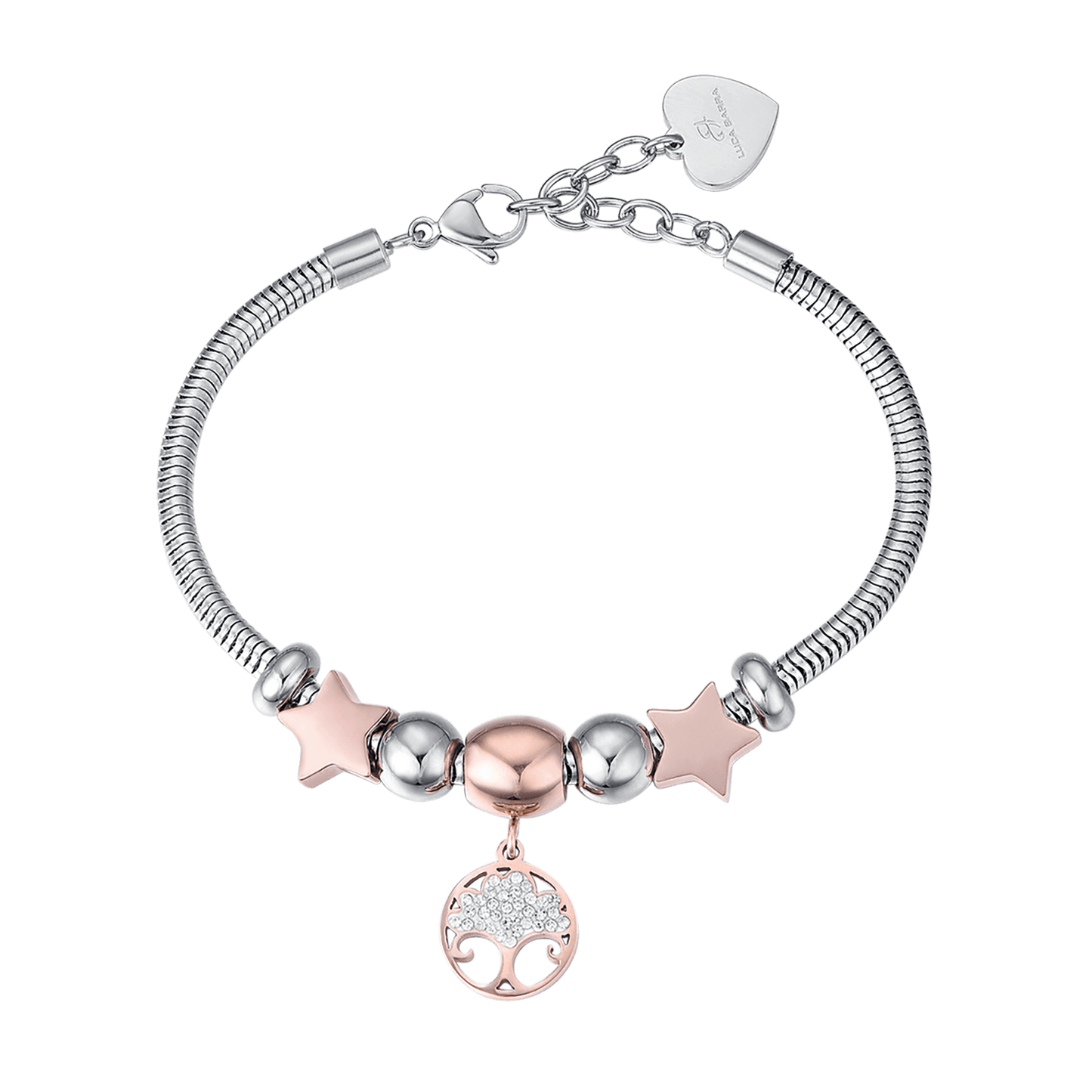 PULSERA DE ACERO PARA MUJER CON ÁRBOL DE LA VIDA IP ROSAS Y CRISTALES BLANCOS Y S
