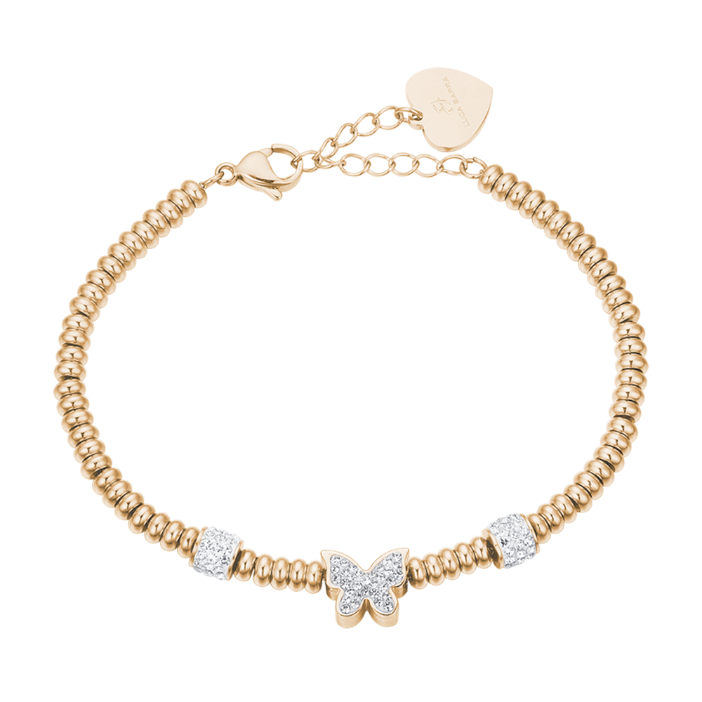 PULSERA DE ACERO DORADO CON MARIPOSA DE CRISTAL BLANCO