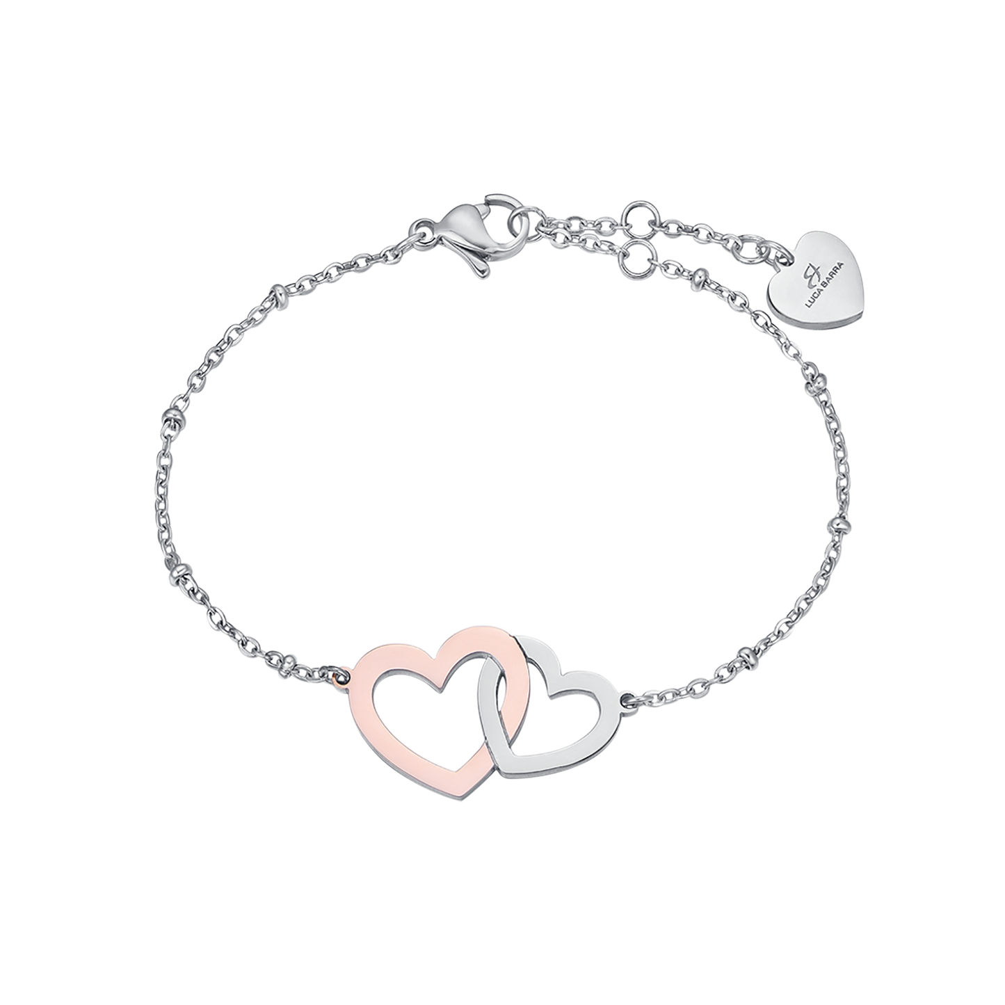 PULSERA DE ACERO CON CORAZONES DE ACERO Y ROSA IP DE ACERO