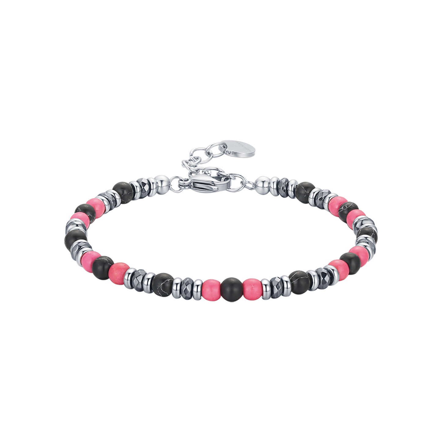 PULSERA DE ACERO CON PIEDRAS ROSAS Y NEGRAS
