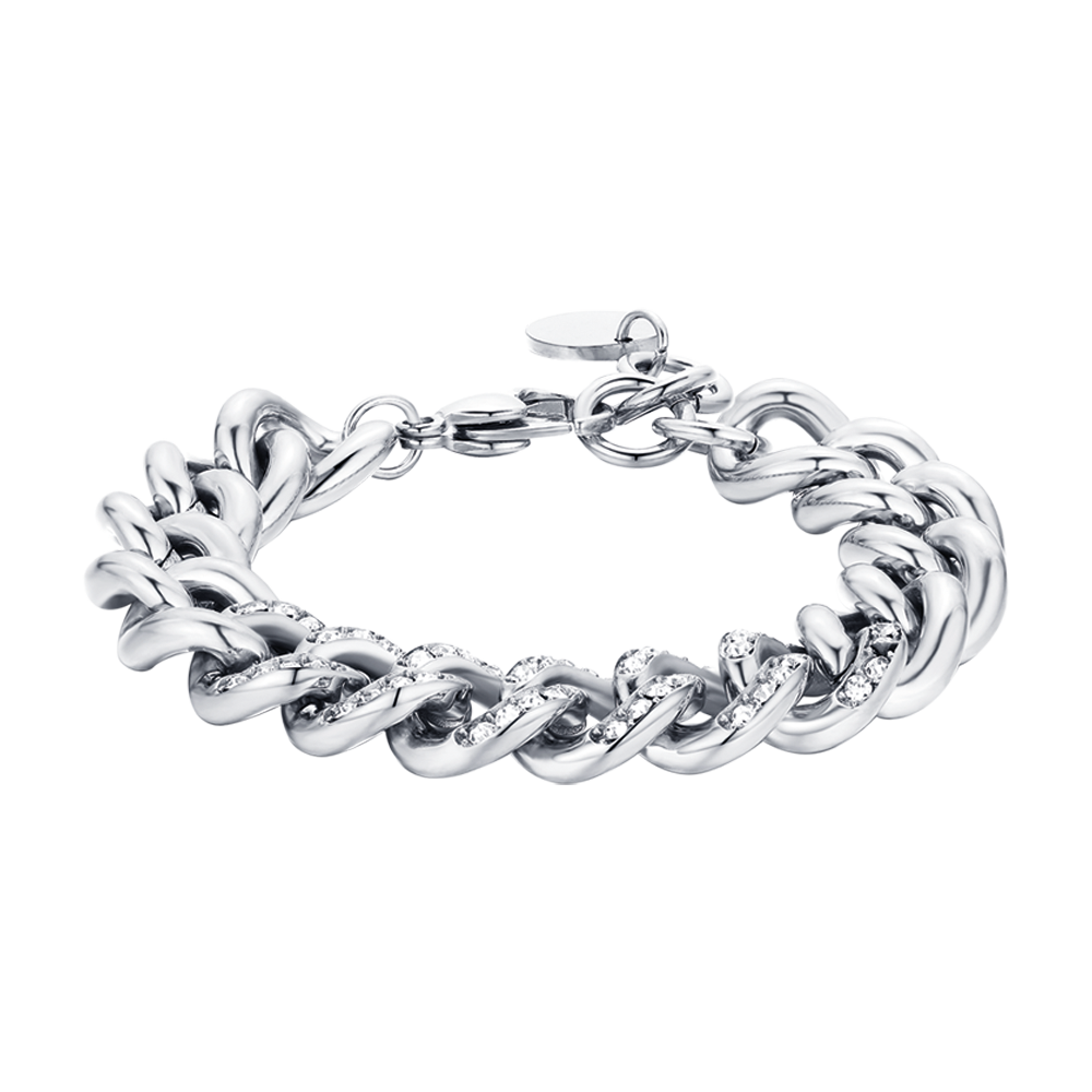 PULSERA DE ACERO PARA MUJER CON ESLABÓN DE CADENA DE CRISTALES BLANCOS