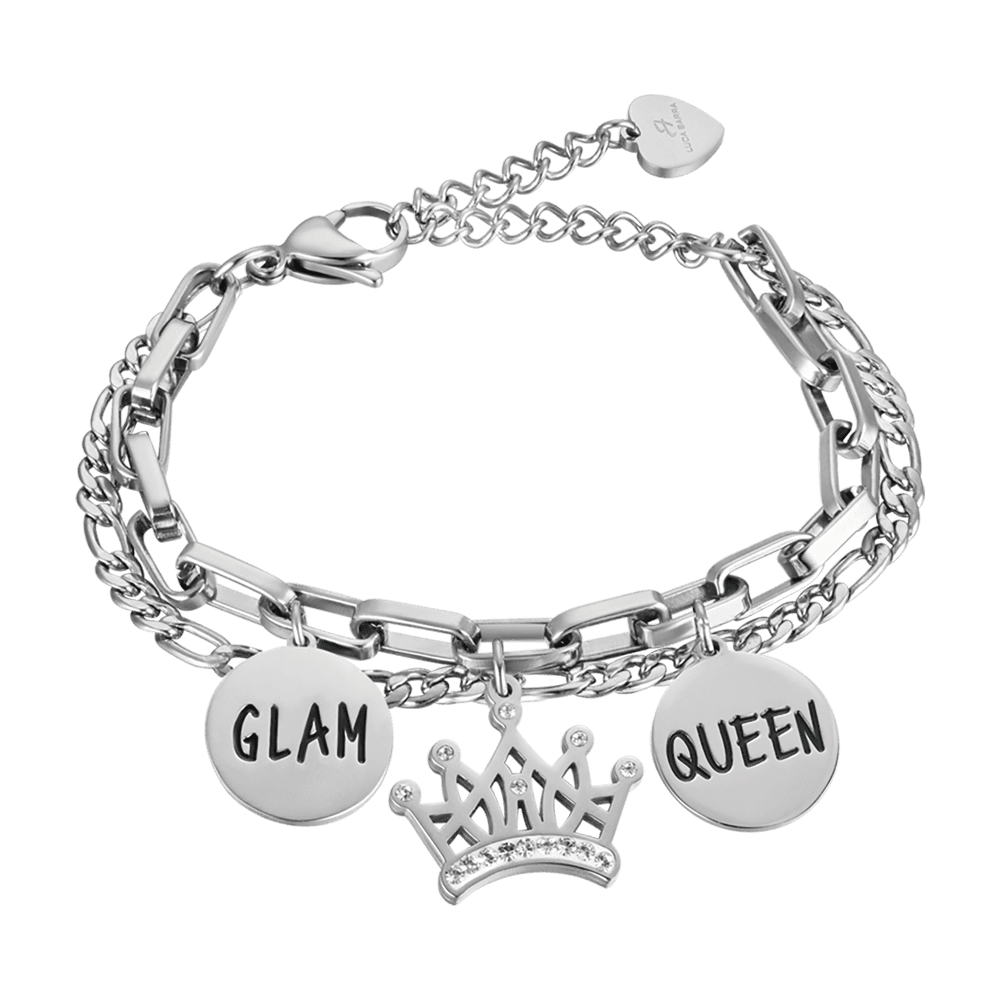 PULSERA DE ACERO PARA MUJER CON CORONA CON CRISTALES BLANCOS Y PLACAS DE ESMALTE