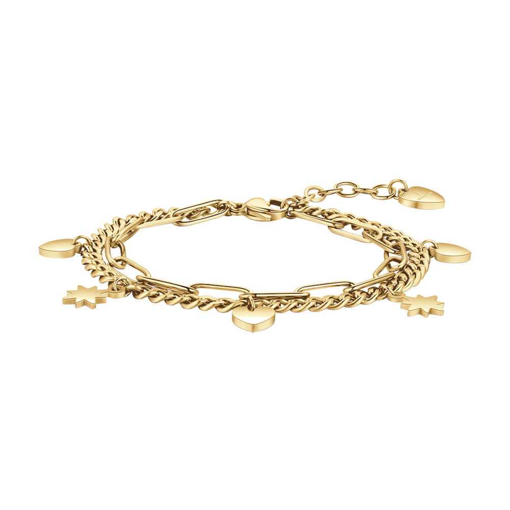 PULSERA DE ACERO DORADO PARA MUJER CON CORAZONES Y ESTRELLAS
