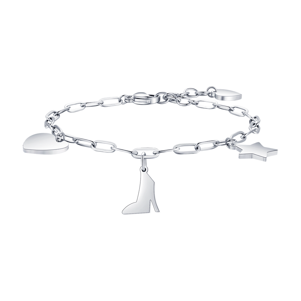 PULSERA DE ACERO PARA MUJER CON CORAZÓN, ZAPATO Y ESTRELLA