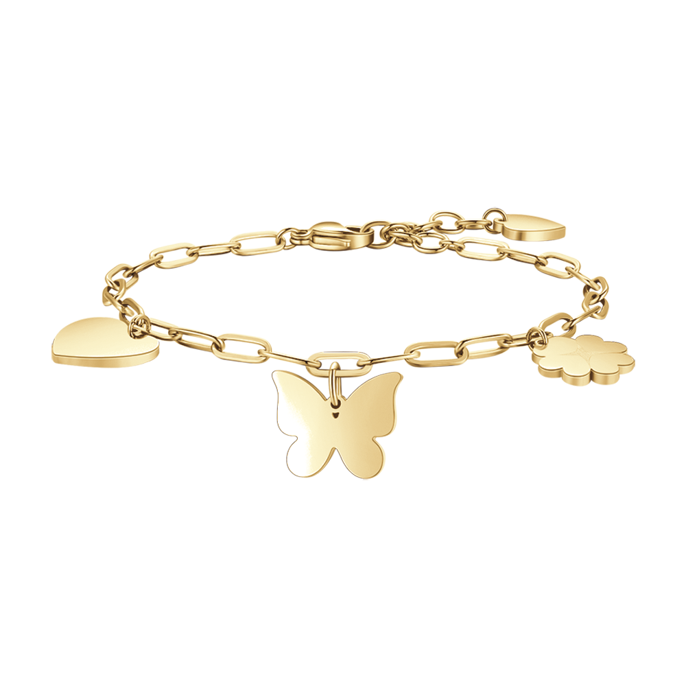 PULSERA DE ACERO DORADO PARA MUJER CON CORAZÓN, MARIPOSA Y TRÉBOL DE CUATRO HOJAS