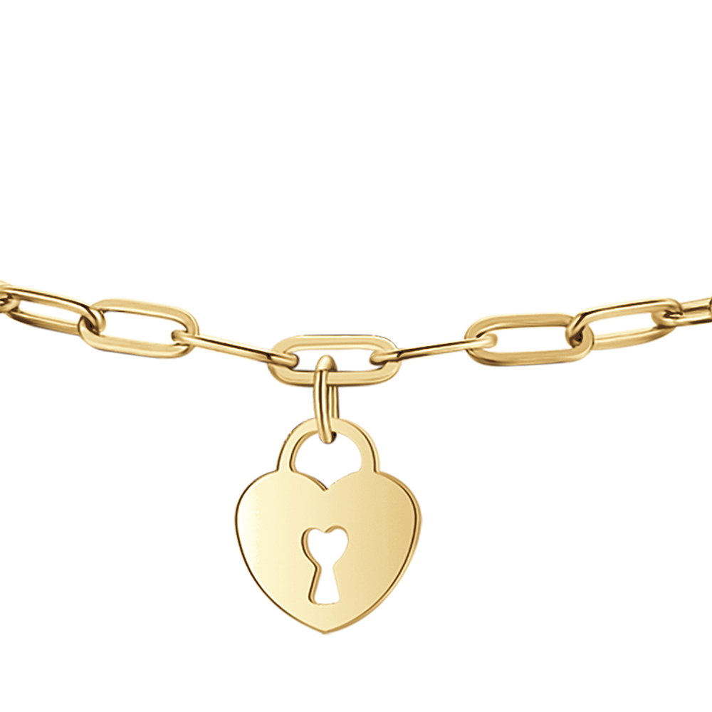 PULSERA DE ACERO DORADO PARA MUJER CON LUNA, CORAZÓN DE CANDADO Y ESTRELLA