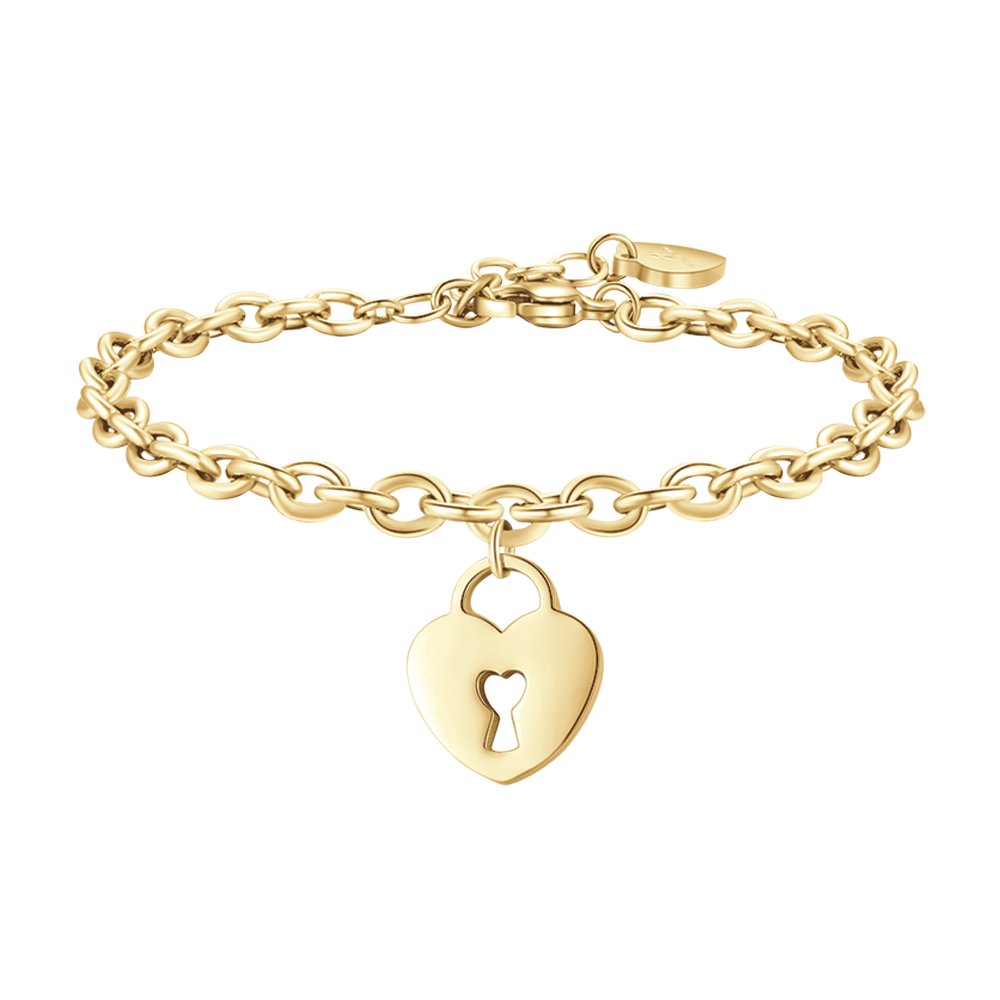 PULSERA DE ACERO DORADO CON CIERRE DE CORAZÓN PARA MUJER