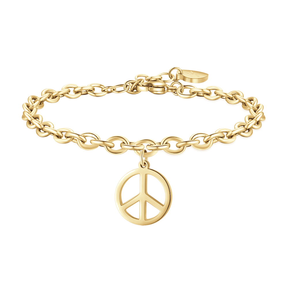 PULSERA DE ACERO DORADO PARA MUJER CON EL SÍMBOLO DE LA PAZ