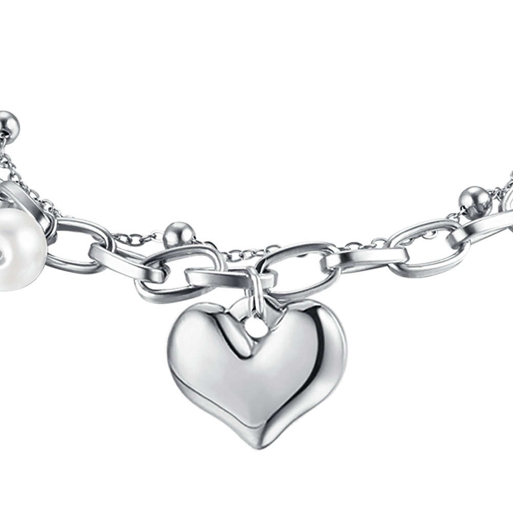 PULSERA DE ACERO PARA MUJER CON CORAZÓN Y PERLAS