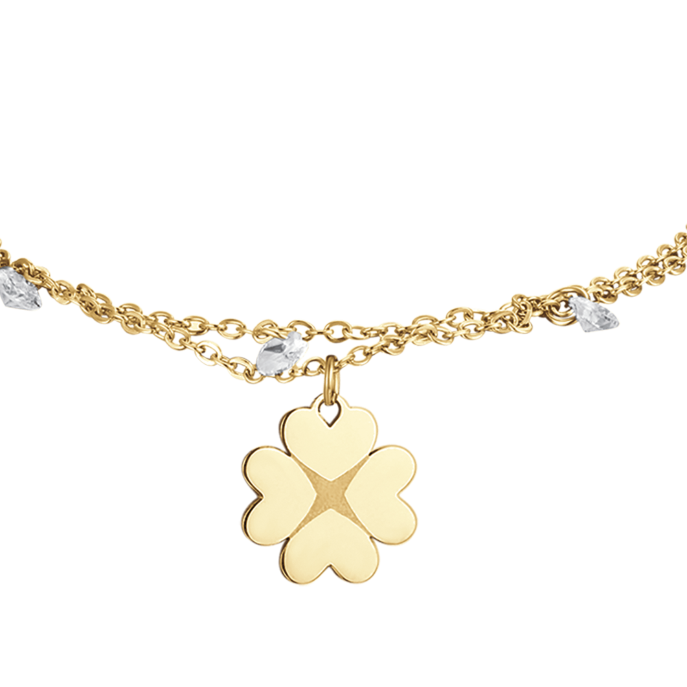 IP PULSERA DE ACERO DORADO PARA MUJER CON TRÉBOL DE CUATRO HOJAS Y CRISTALES