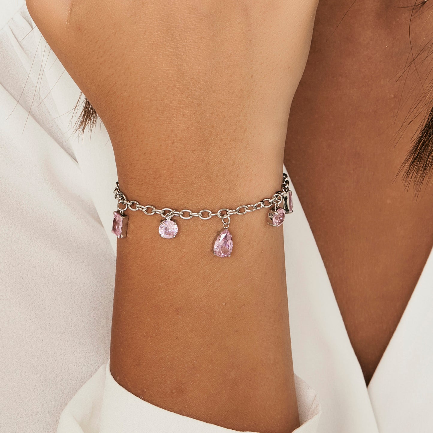 PULSERA DE ACERO PARA MUJER CON CRISTALES ROSAS