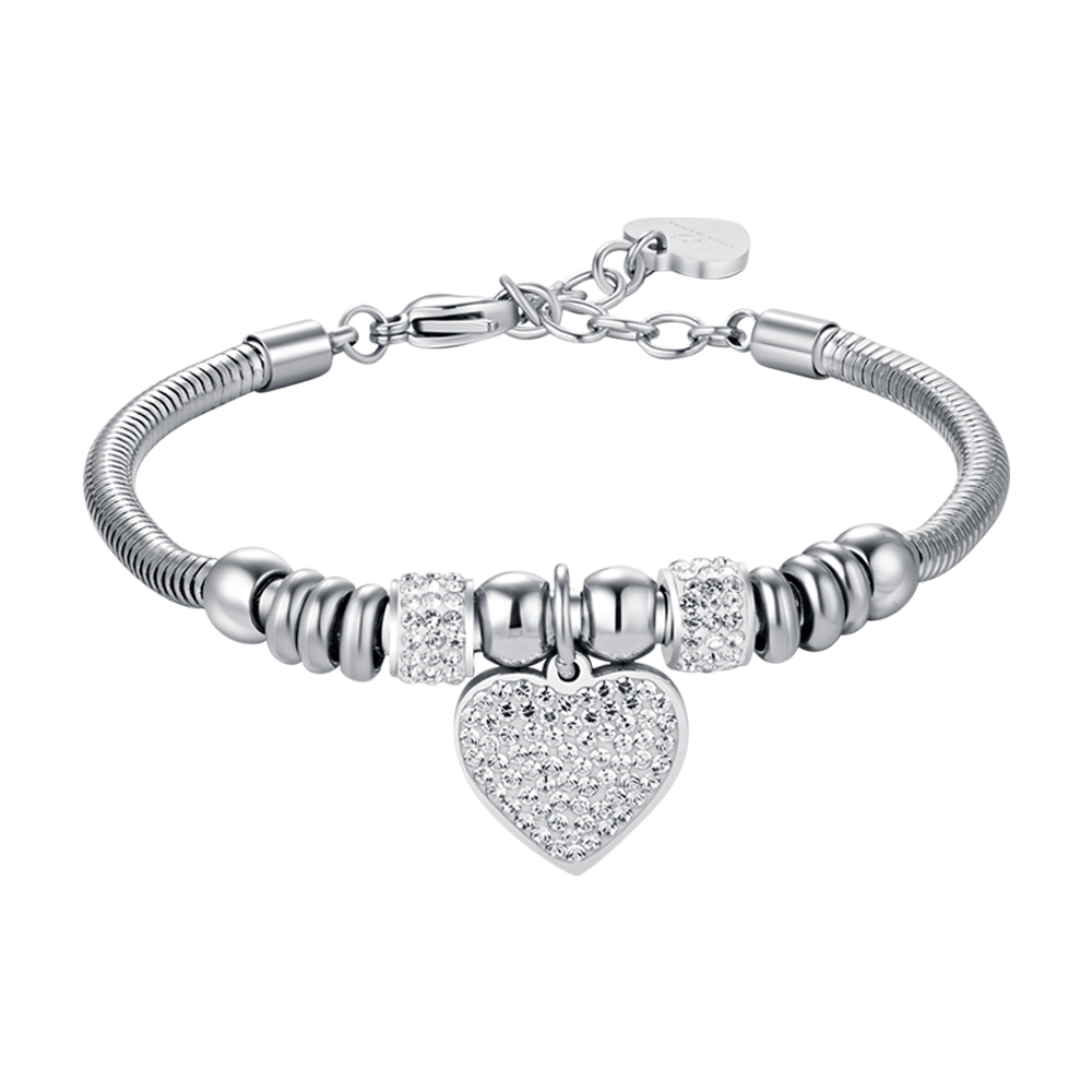 PULSERA DE ACERO DE MUJER CON CORAZÓN Y CRISTALES BLANCOS
