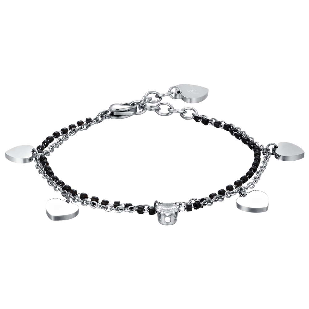 PULSERA DE ACERO PARA MUJER CON CORAZONES, ELEMENTOS NEGROS Y CRISTAL BLANCO