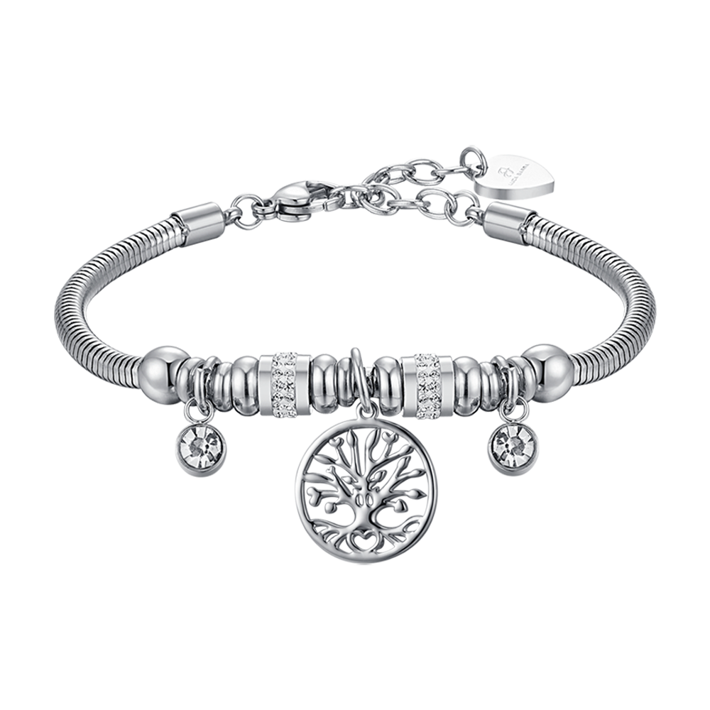PULSERA DE ACERO PARA MUJER CON ÁRBOL DE LA VIDA Y CRISTALES BLANCOS