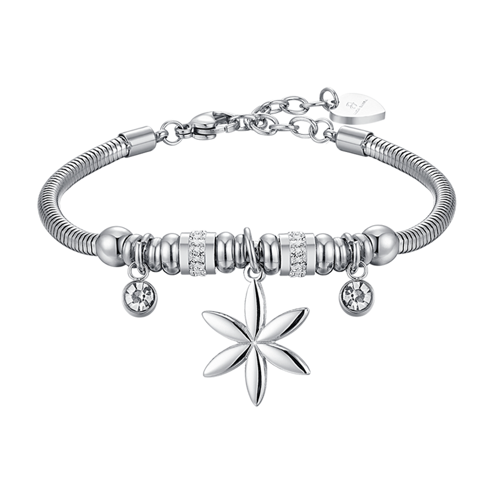 PULSERA DE ACERO PARA MUJER CON FLOR DE LA VIDA Y CRISTALES BLANCOS
