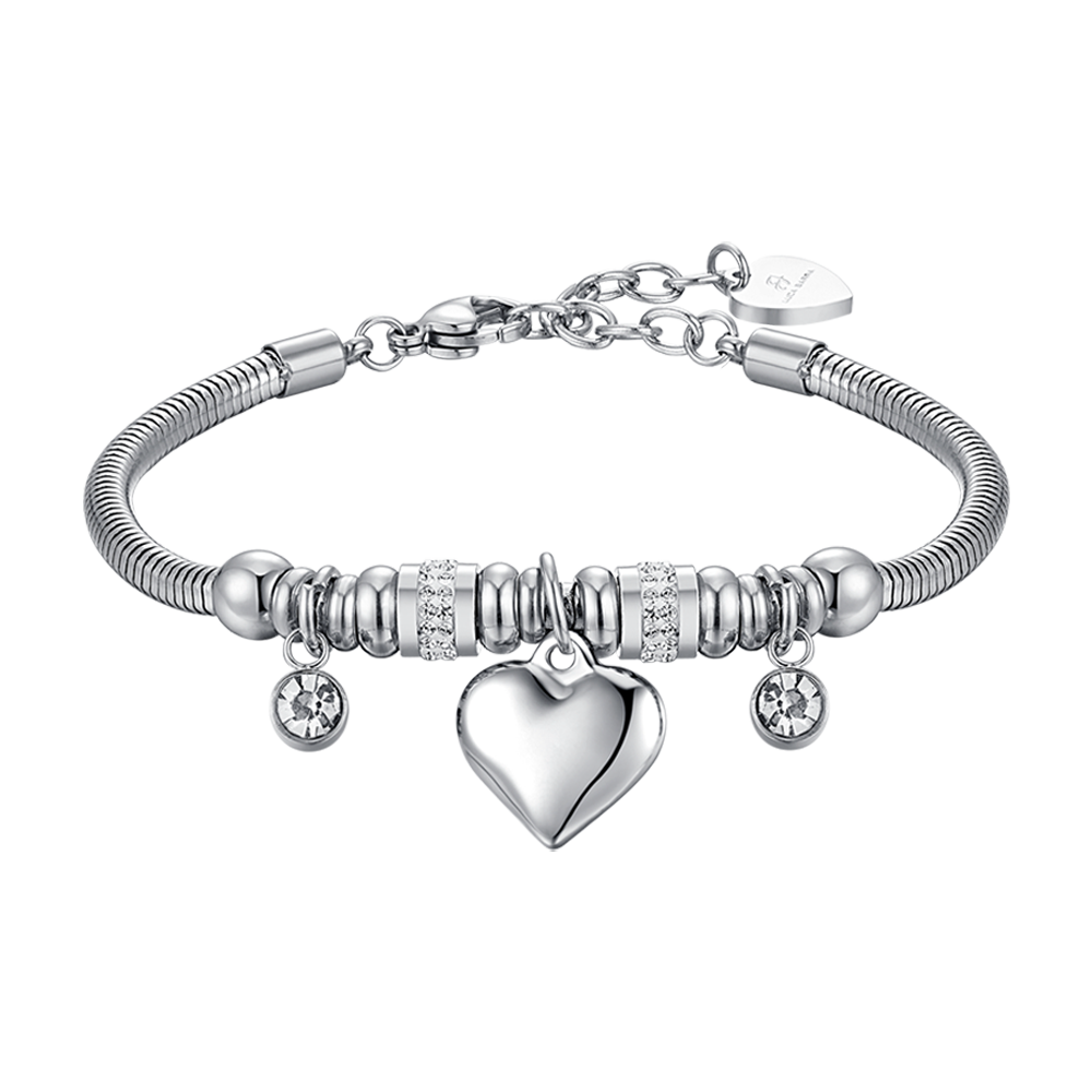 PULSERA DE ACERO PARA MUJER CON CORAZÓN Y CRISTALES BLANCOS