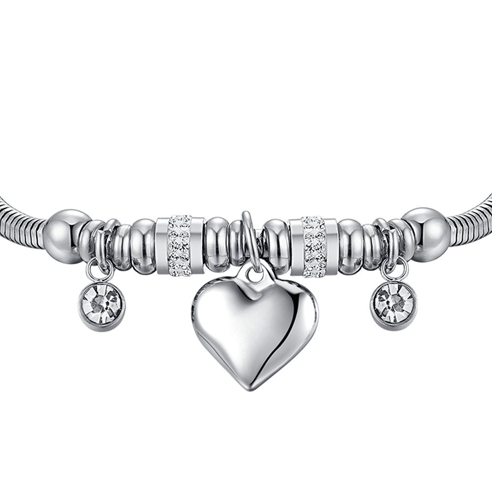 PULSERA DE ACERO PARA MUJER CON CORAZÓN Y CRISTALES BLANCOS