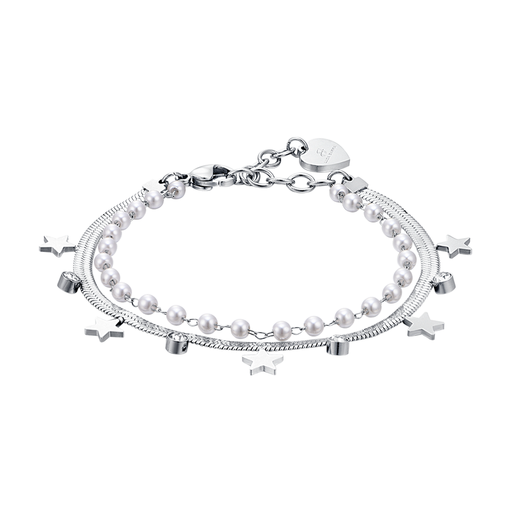 PULSERA DE ACERO PARA MUJER CON PERLAS BLANCAS, ESTRELLAS Y CRISTALES