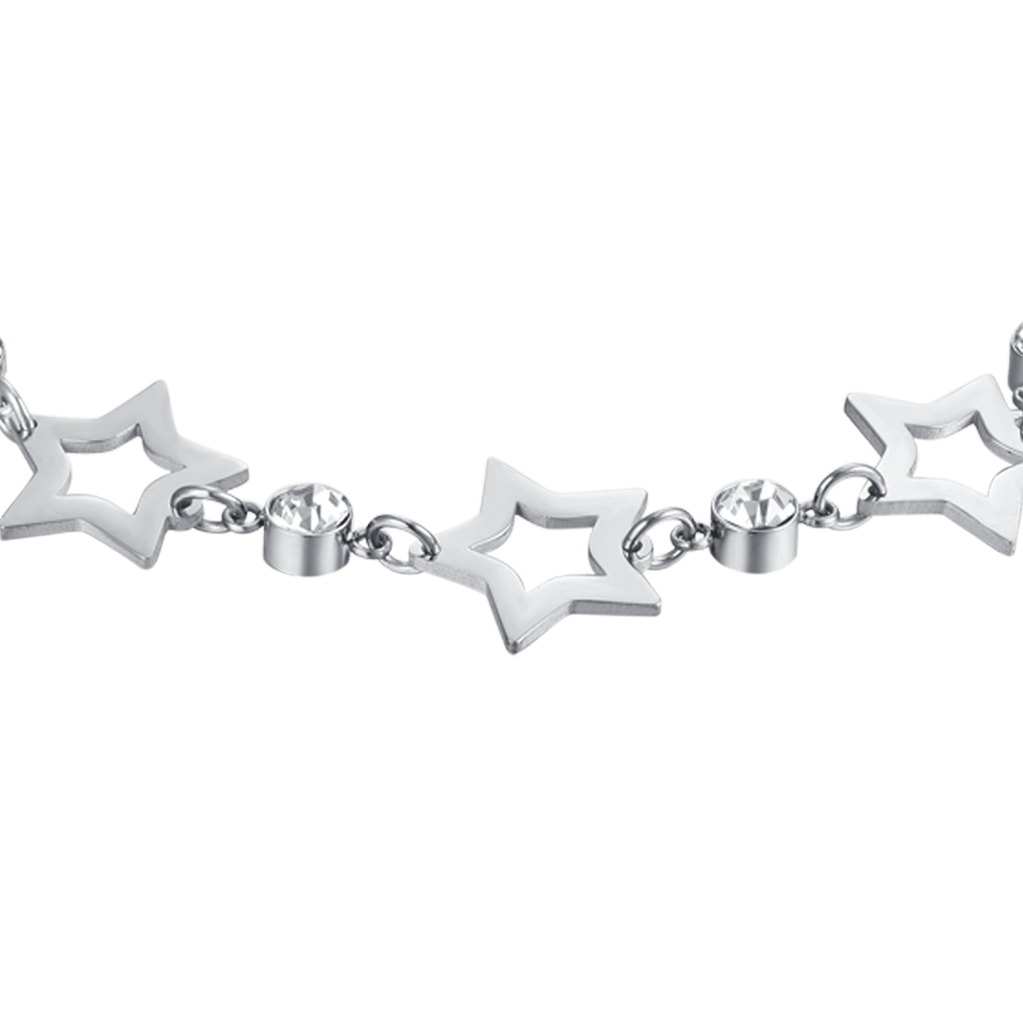 PULSERA DE ACERO PARA MUJER CON ESTRELLAS CALADAS Y CRISTALES BLANCOS