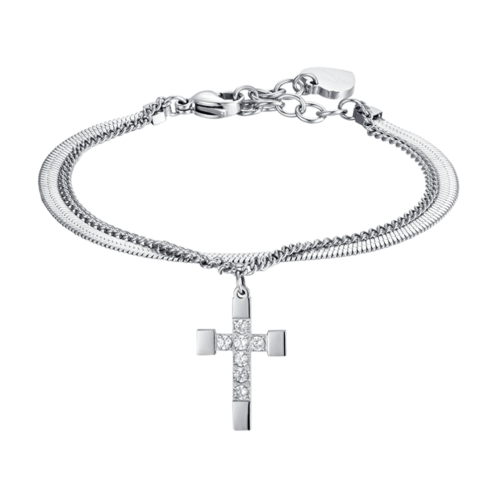 PULSERA CRUZ DE ACERO PARA MUJER CON CRISTALES BLANCOS