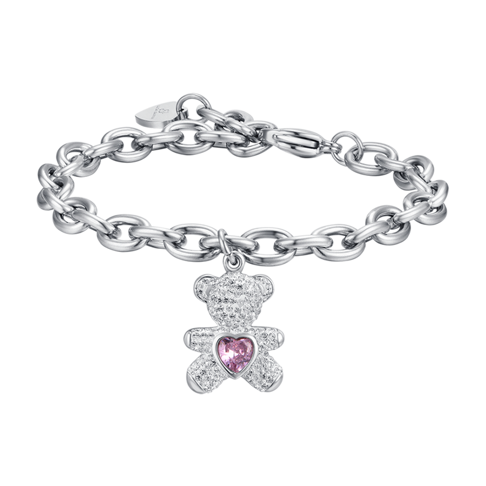PULSERA DE ACERO PARA MUJER CON OSO CON CRISTALES ROSAS Y BLANCOS