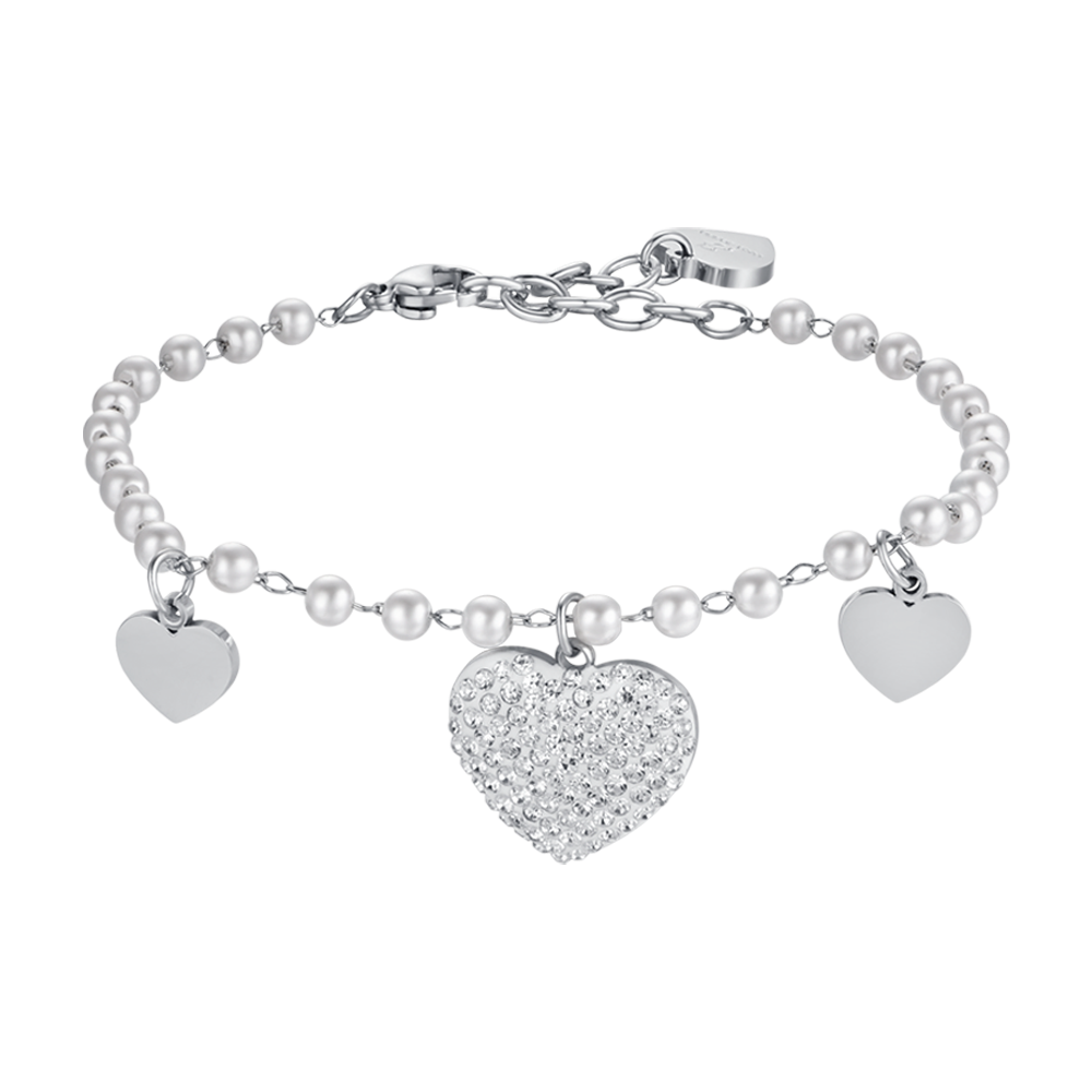 BRACCIALE DONNA IN ACCIAIO CON PERLE BIANCHE E CUORI