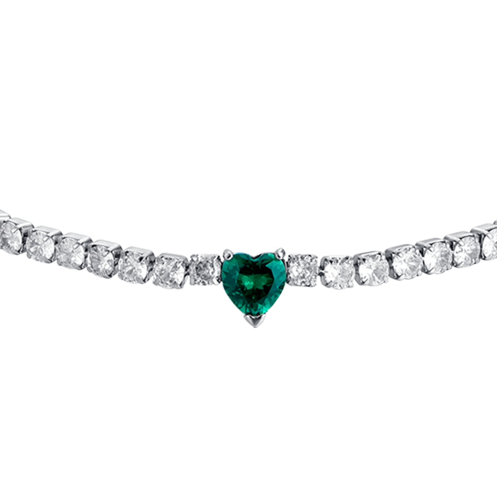 PULSERA DE TENIS DE ACERO PARA MUJER CON CRISTALES BLANCOS Y CORAZÓN DE CRISTAL VERDE