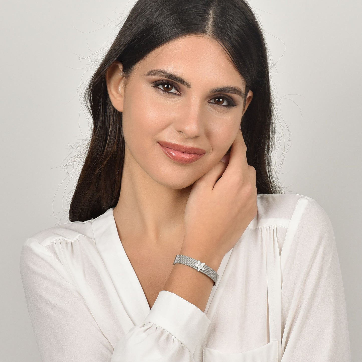 PULSERA MILANO DE MALLA DE ACERO PARA MUJER CON ESTRELLA CON CRISTALES BLANCOS