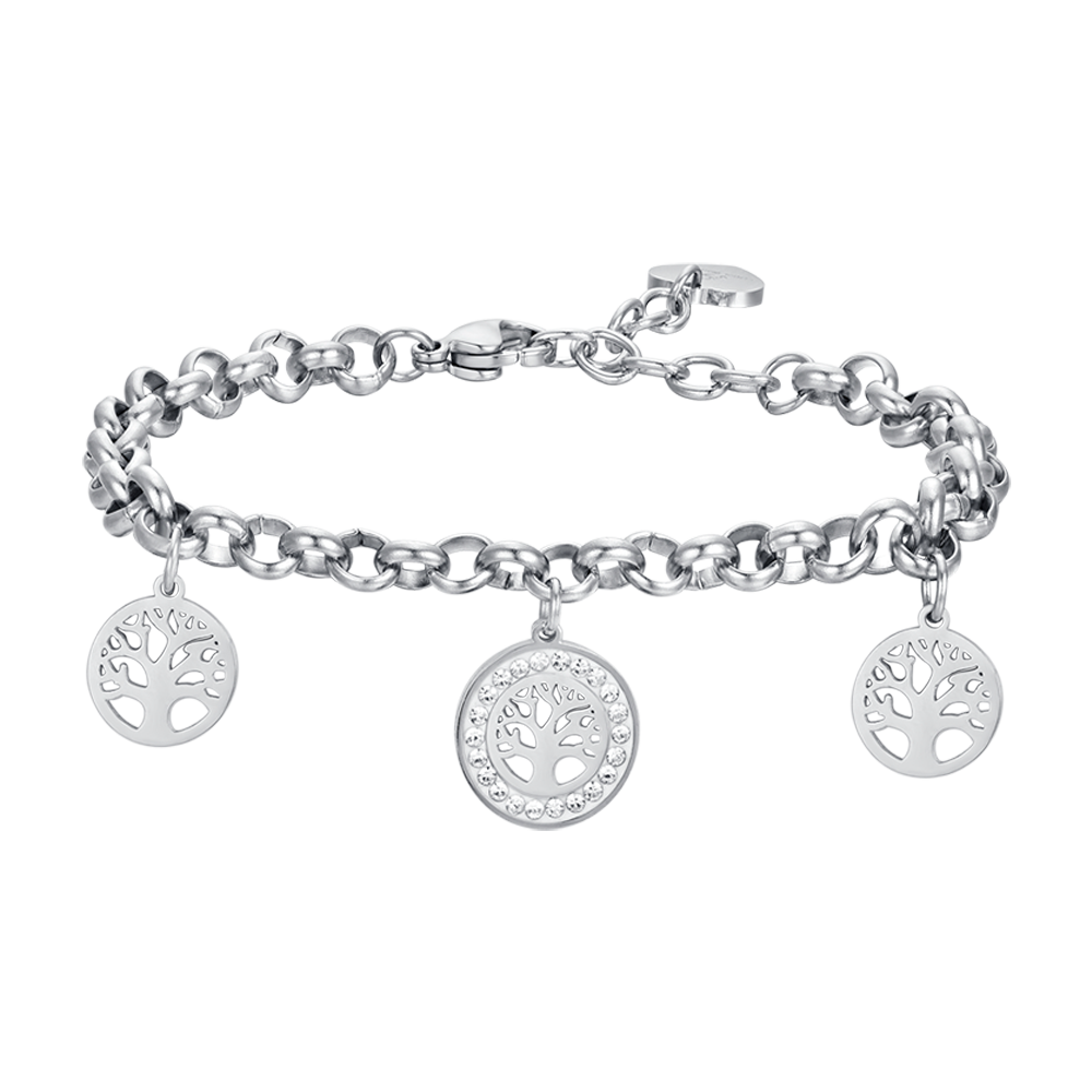 PULSERA DE ACERO PARA MUJER CON ÁRBOL DE LA VIDA Y CRISTALES BLANCOS