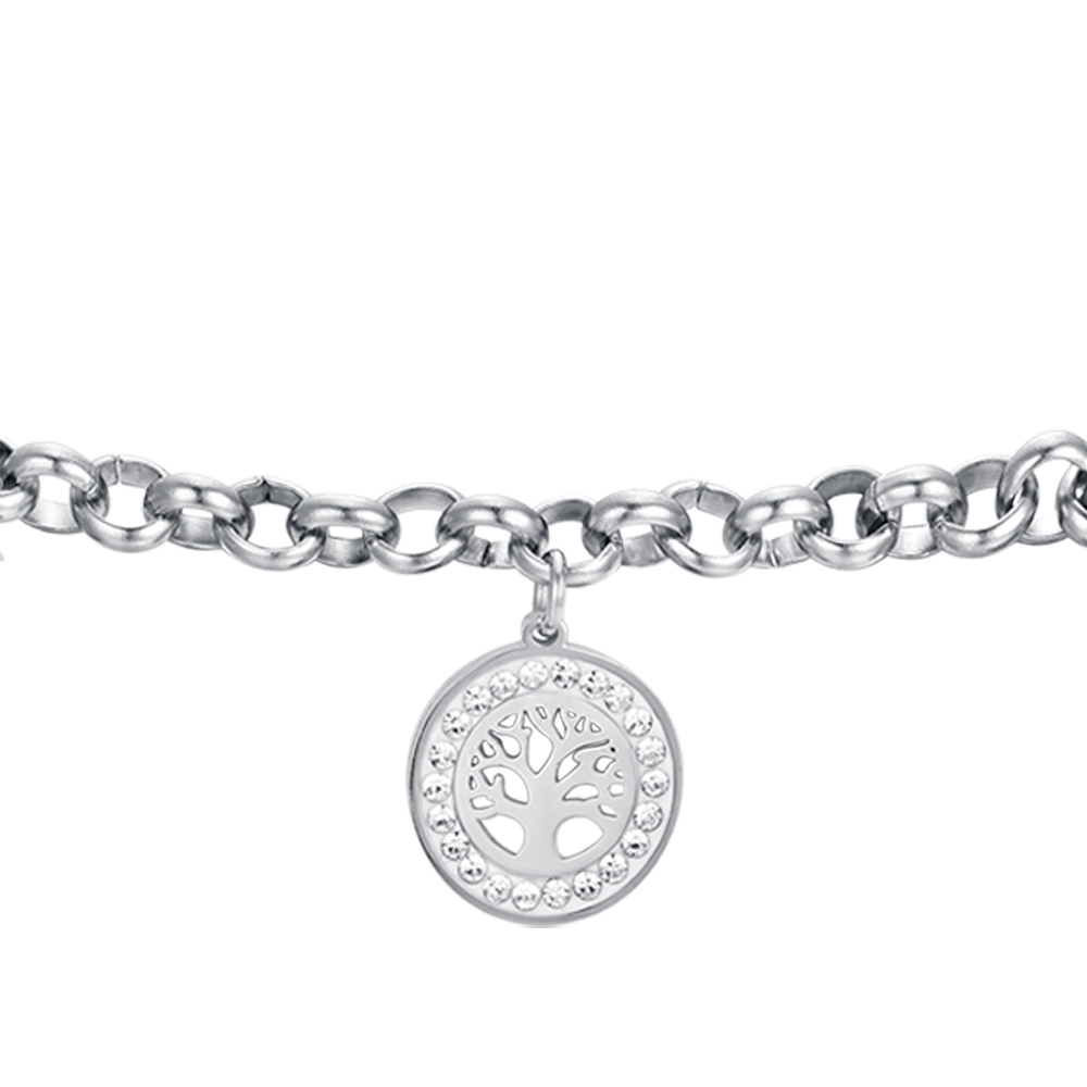 PULSERA DE ACERO PARA MUJER CON ÁRBOL DE LA VIDA Y CRISTALES BLANCOS
