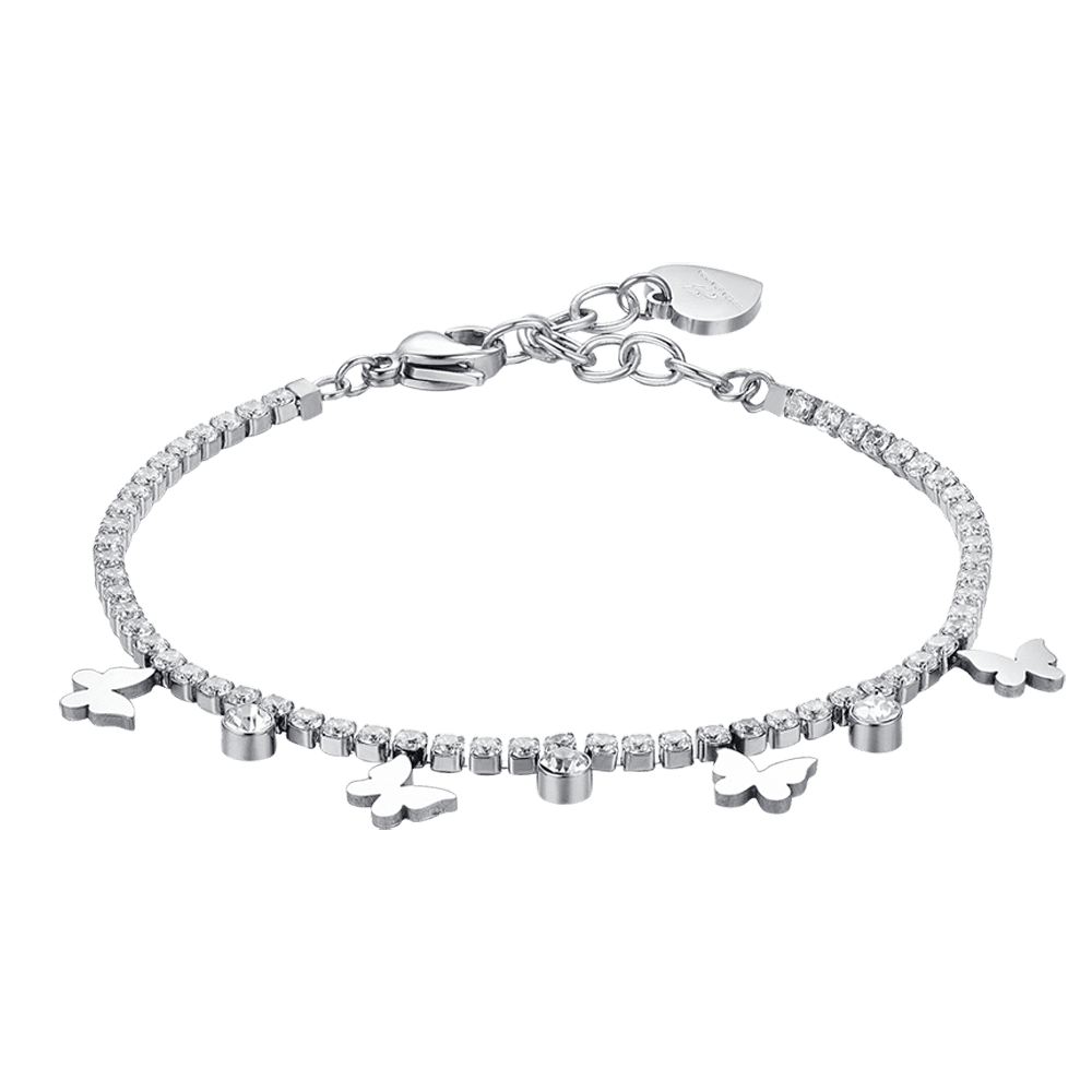 PULSERA DE TENIS DE ACERO PARA MUJER CON CRISTALES BLANCOS Y MARIPOSAS